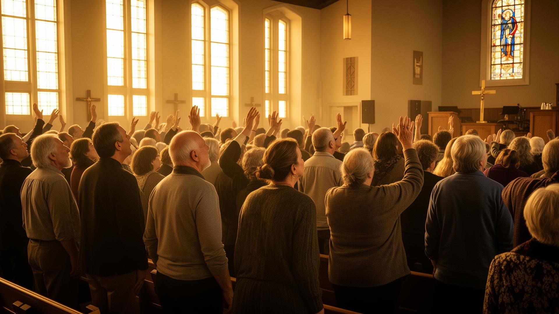 Congregation standing together in warm golden light during a church service