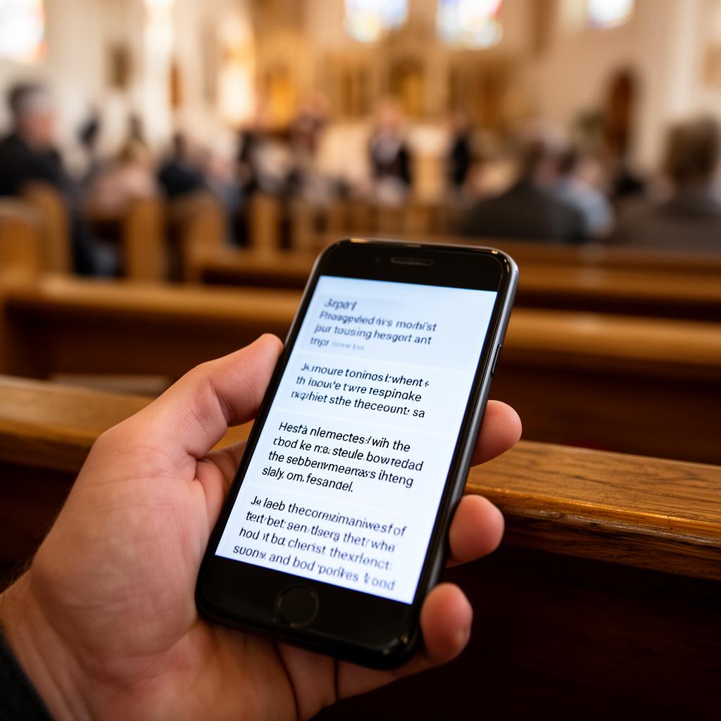 Person in a pew reading live captions on their phone
