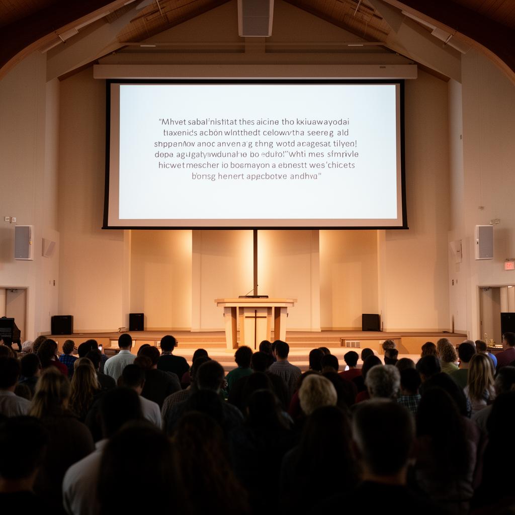 Projection screen in a church sanctuary showing live captions